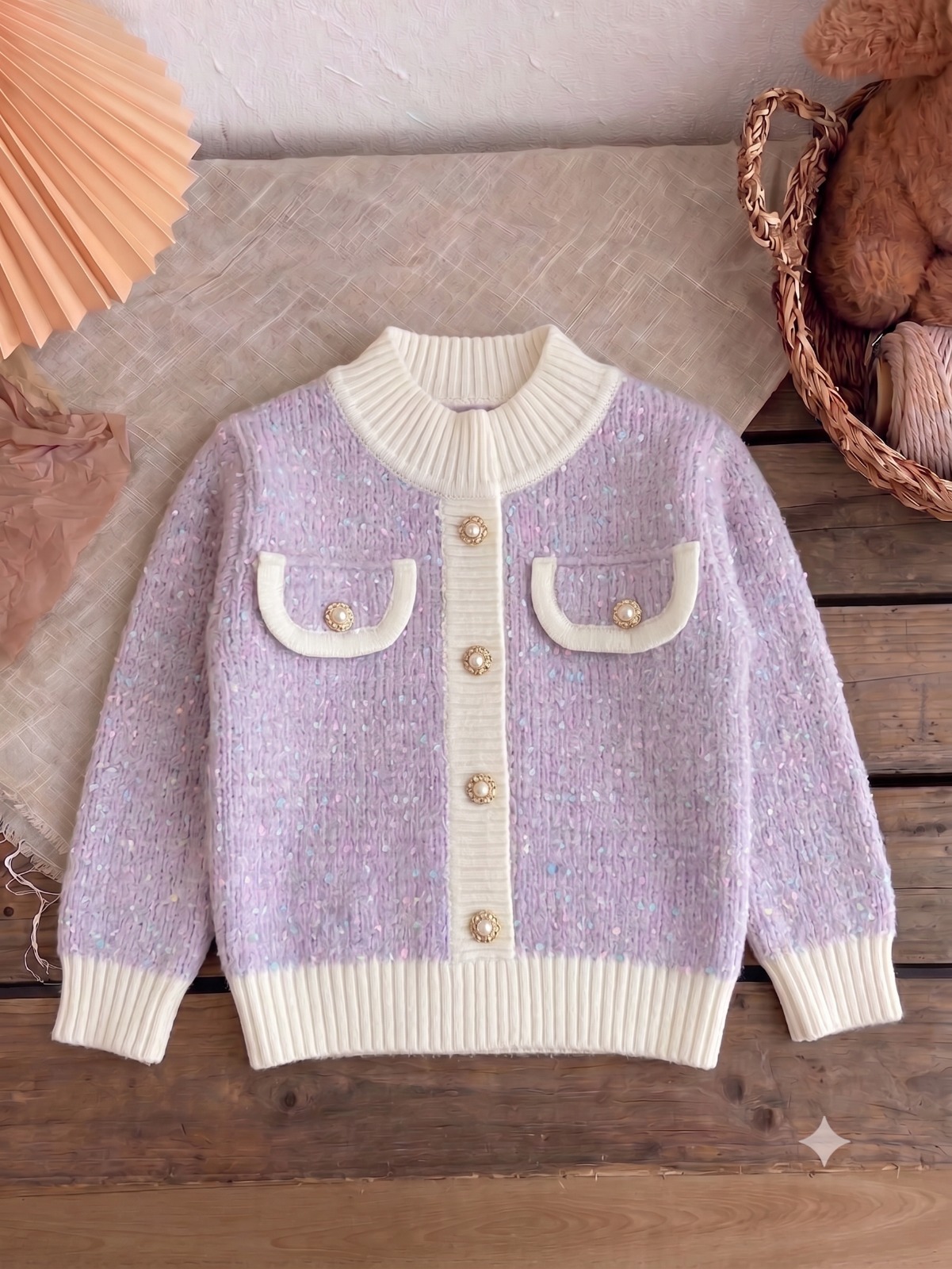 Mailetang Kids Lilac Confetti Knit Cardigan with Pearl Buttons